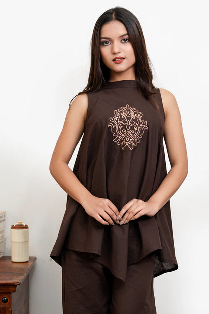 Noir Coffee Hand Embroidered Asymmetrical Cotton Co-Ord Set