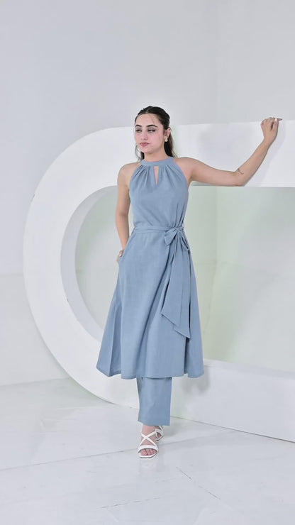 Sienna Blue Slub Cotton A Line Dress With Belt