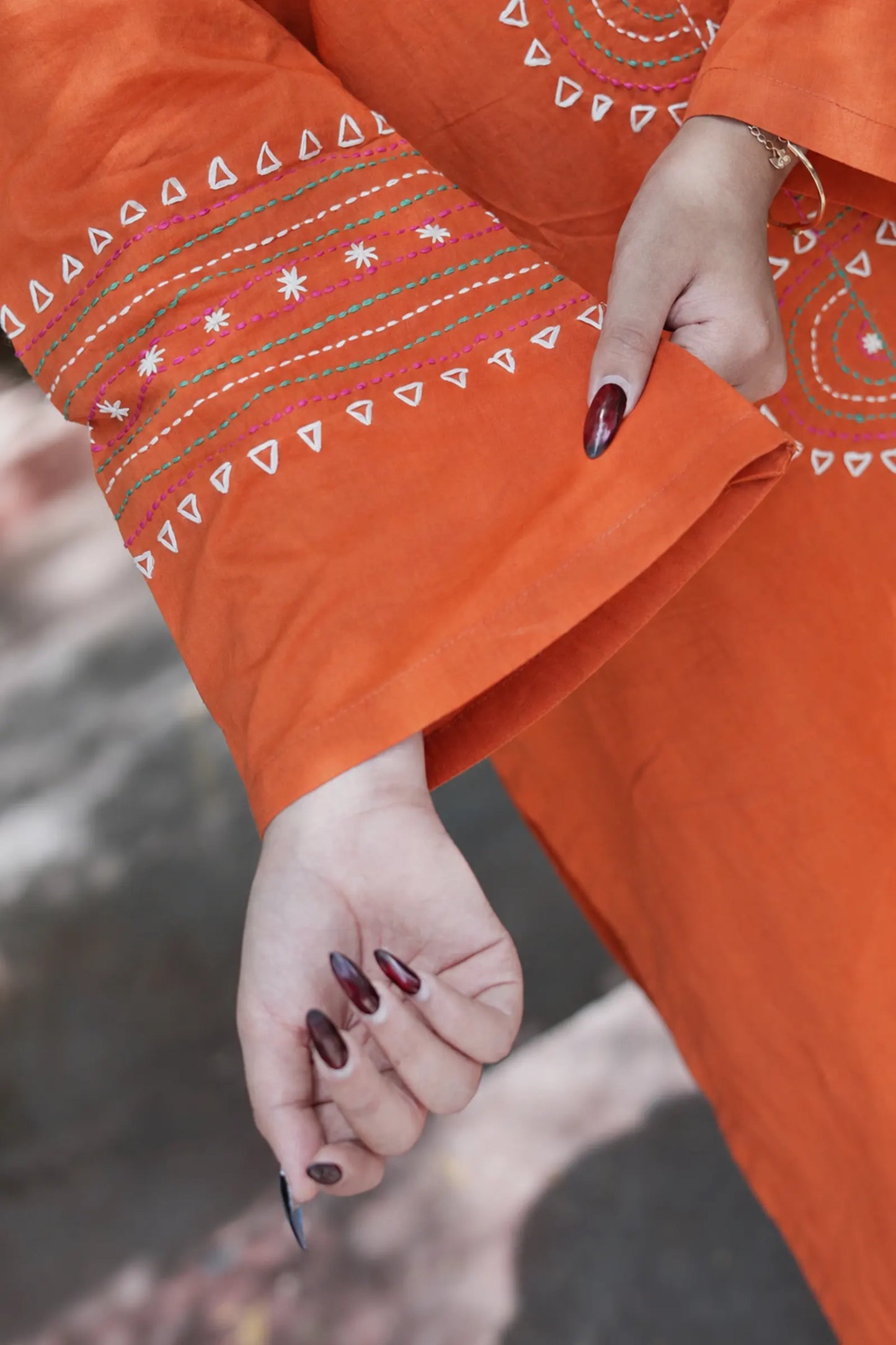 Rhea Rust Orange Hand Embroidered  Easy Fit Cotton Kurta Set