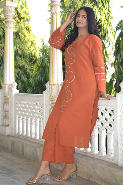 Rhea Rust Orange Hand Embroidered  Easy Fit Cotton Kurta Set