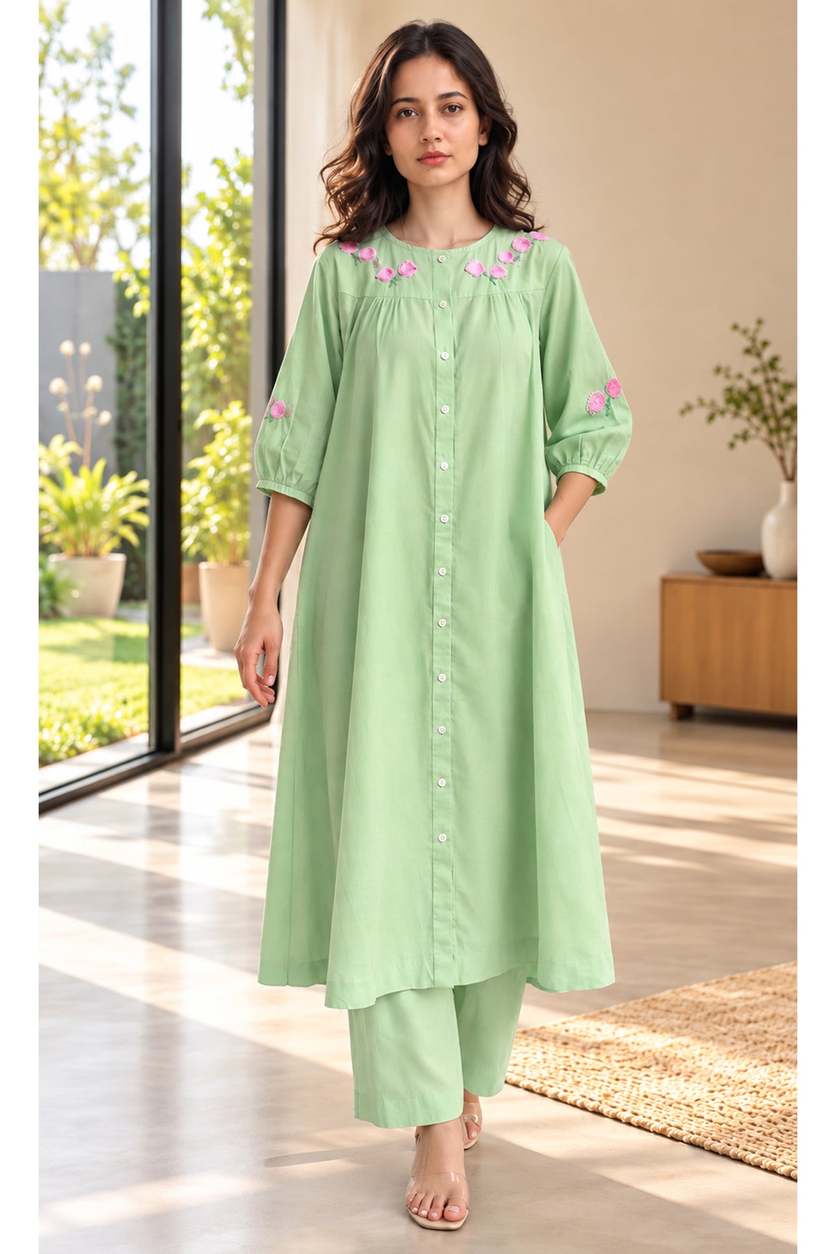 Ria Hand Embroidered Pure Cotton Mint Green Kurta Set