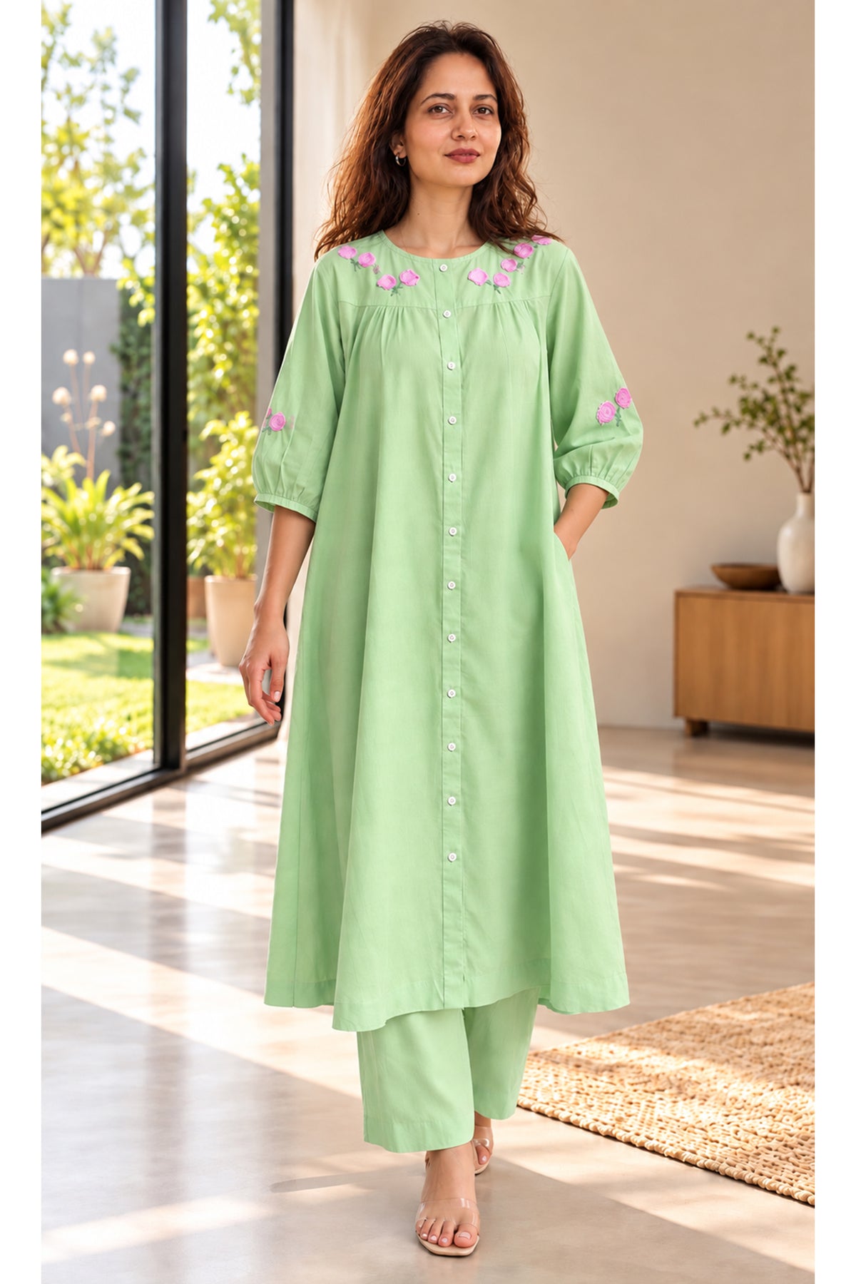 Ria Hand Embroidered Pure Cotton Mint Green Kurta Set