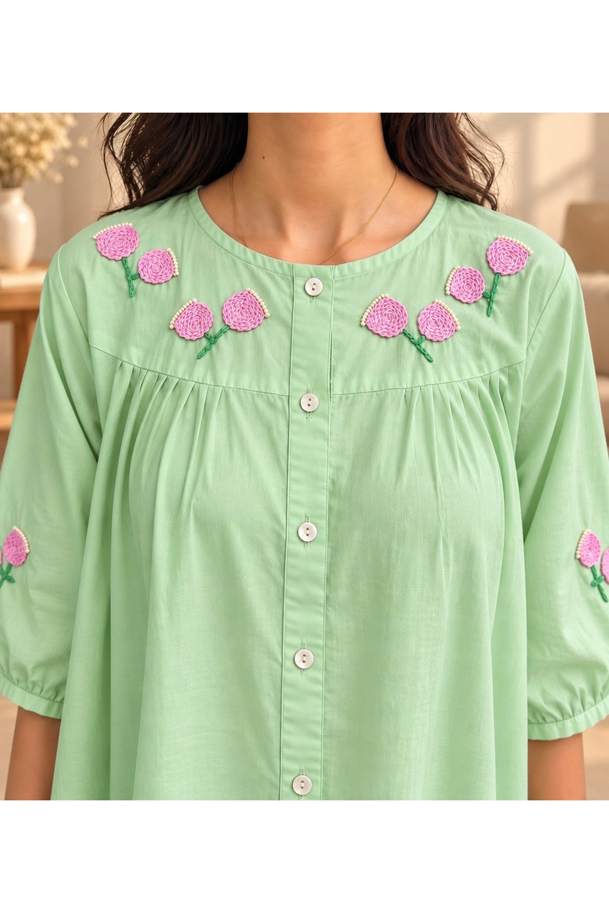 Ria Hand Embroidered Pure Cotton Mint Green Kurta Set