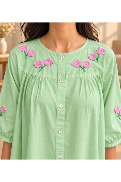 Ria Hand Embroidered Pure Cotton Mint Green Kurta Set