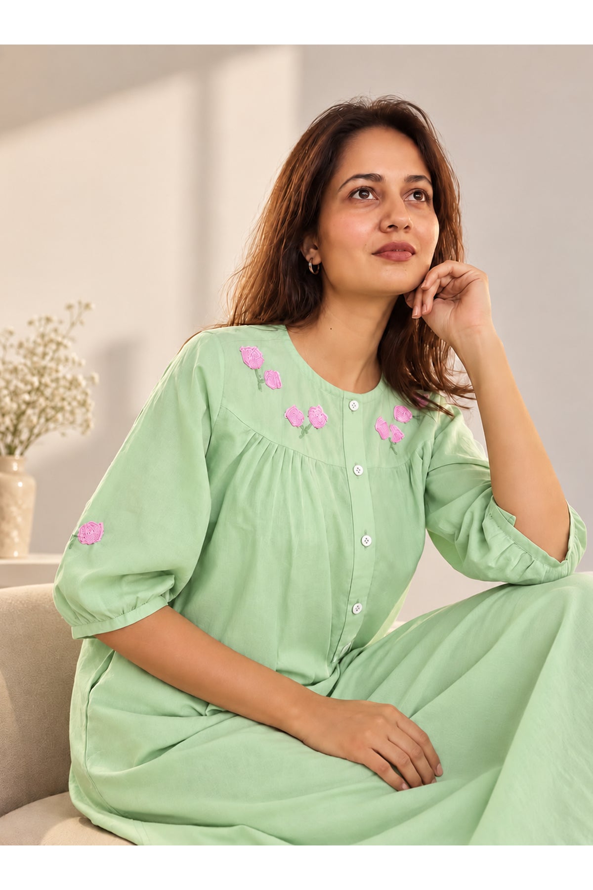 Ria Hand Embroidered Pure Cotton Mint Green Kurta Set