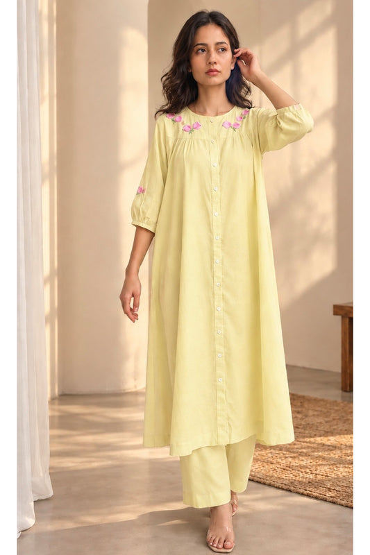 Ria Hand Embroidered Pure Cotton Yellow Kurta Set