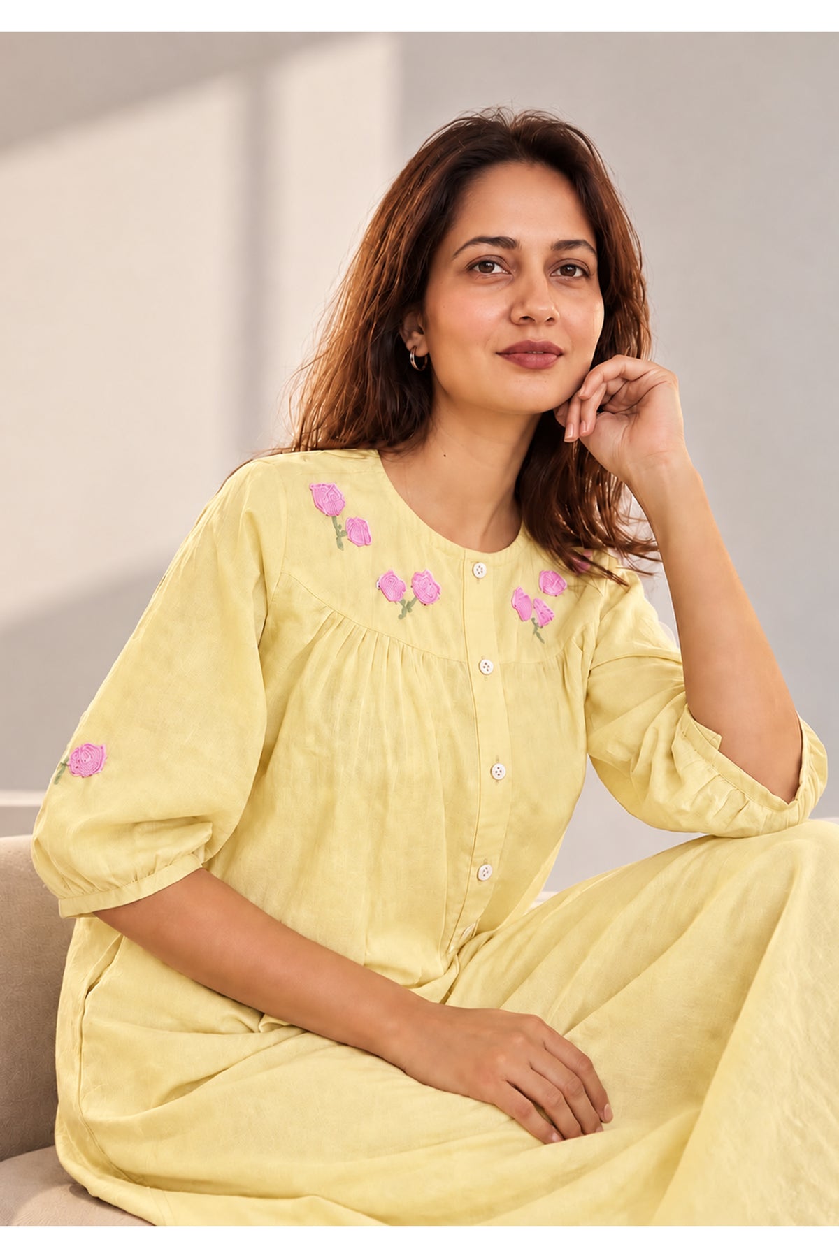 Ria Hand Embroidered Pure Cotton Yellow Kurta Set