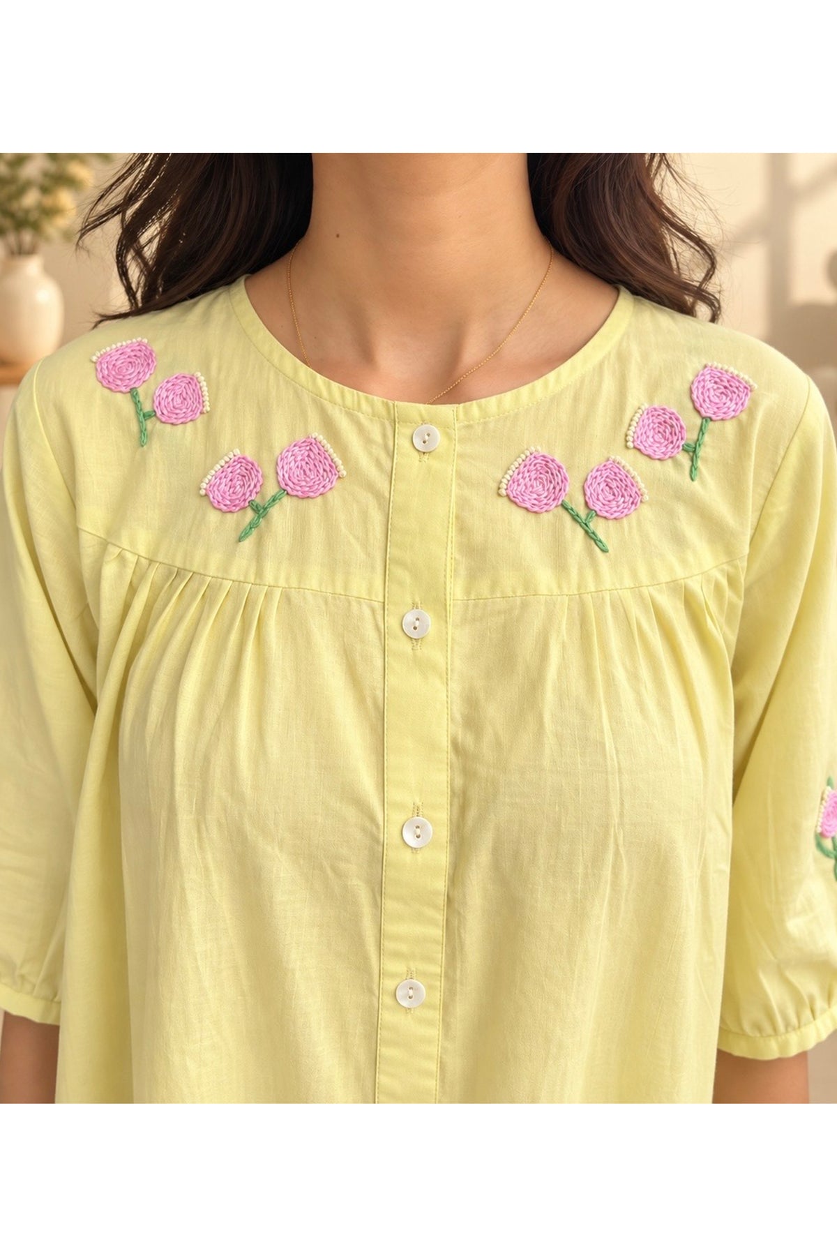 Ria Hand Embroidered Pure Cotton Yellow Kurta Set