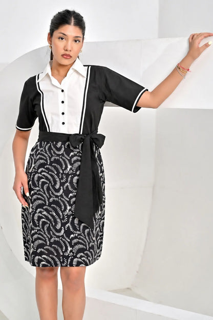 Sansi Black Block Printed Cotton Dress With Belt