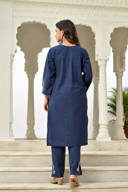 Sasha Hand Embroidered Blue Cotton Kurta Set