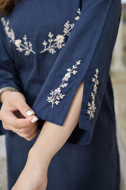 Sasha Hand Embroidered Blue Cotton Kurta Set