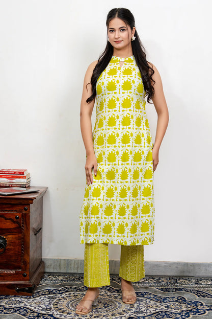 Sia Lime Green Block Printed Halter Neck Cotton Kurta Set