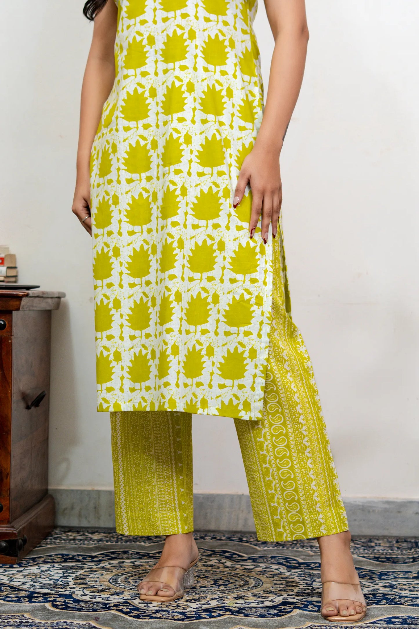 Sia Lime Green Block Printed Halter Neck Cotton Kurta Set
