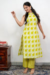 Sia Lime Green Block Printed Halter Neck Cotton Kurta Set