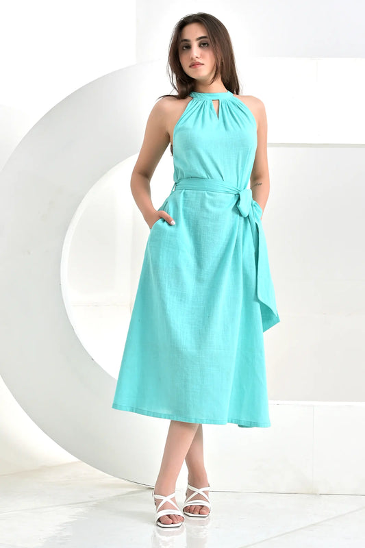 Sienna Aqua Slub Cotton A Line Dress With Belt