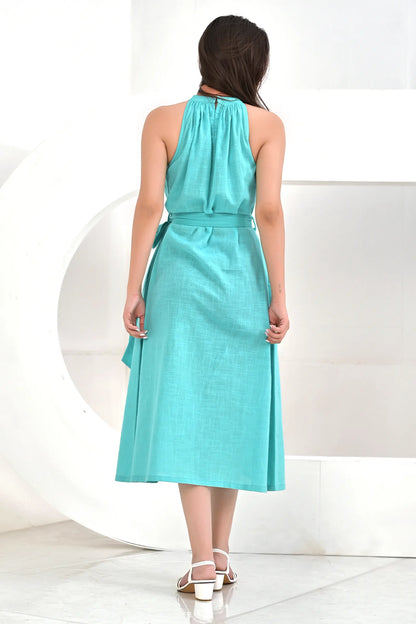 Sienna Aqua Slub Cotton A Line Dress With Belt