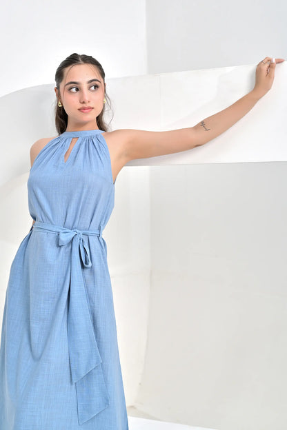 Sienna Blue Slub Cotton A Line Dress With Belt