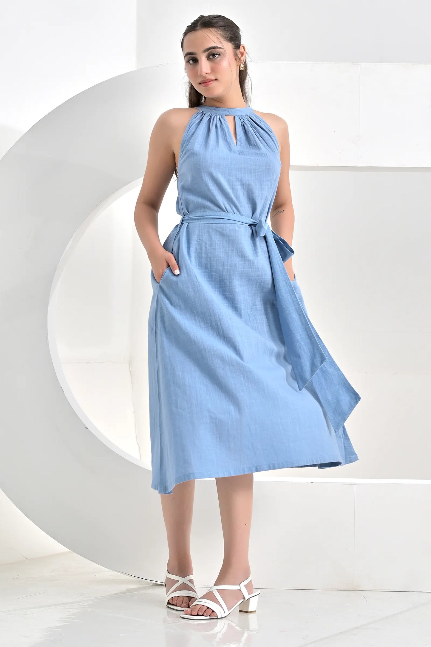 Sienna Blue Slub Cotton A Line Dress With Belt