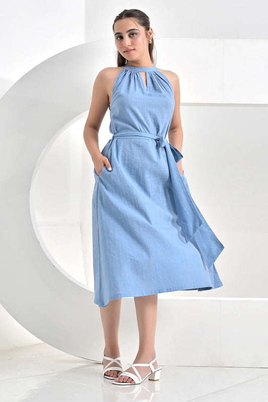 Sienna Blue Slub Cotton A Line Dress With Belt