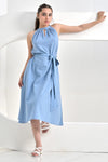Sienna Blue Slub Cotton A Line Dress With Belt