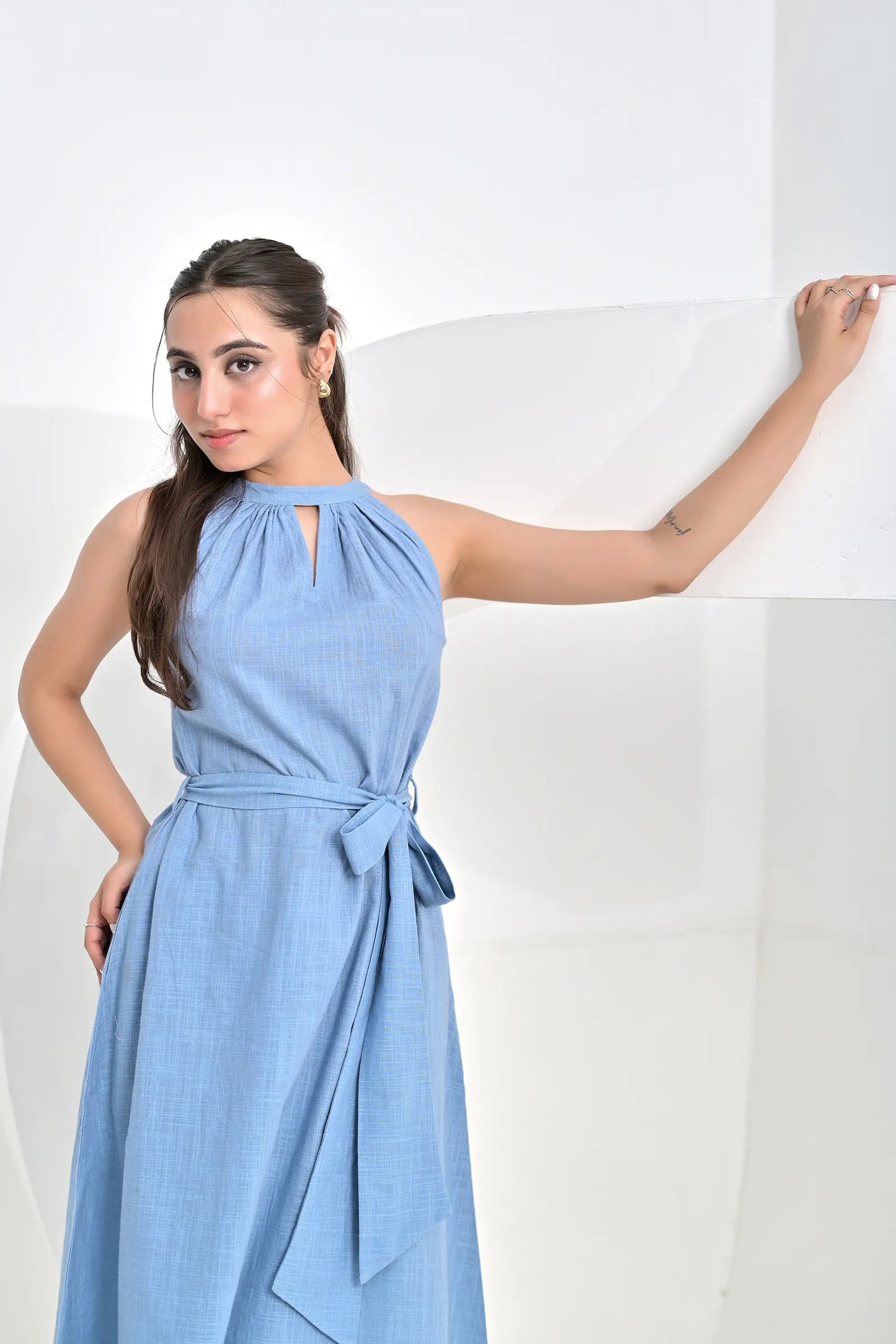 Sienna Blue Slub Cotton Co-Ord Set With Belt