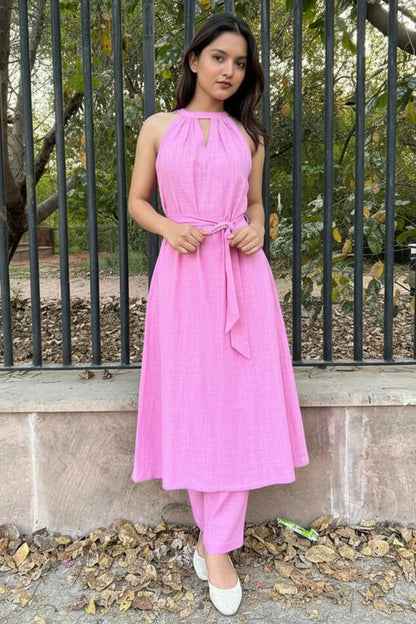 Sienna Bubblegum Pink Slub Cotton Co-Ord Set With Belt