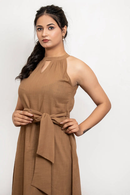 Sienna Mocha Brown Slub Cotton A Line Dress With Belt