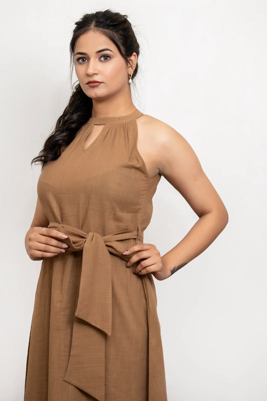 Sienna Mocha Brown Slub Cotton A Line Dress With Belt