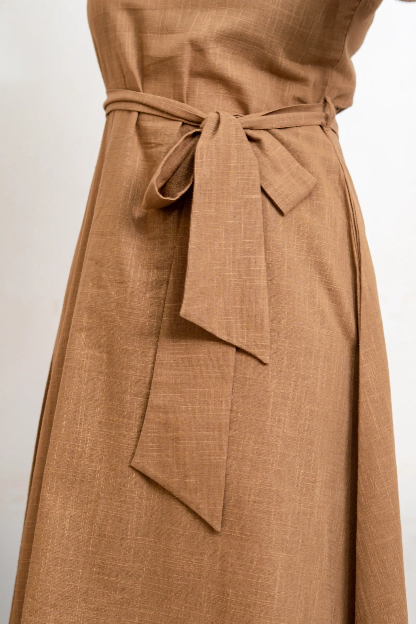 Sienna Mocha Brown Slub Cotton A Line Dress With Belt