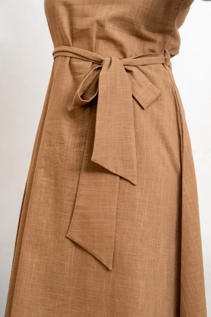 Sienna Mocha Brown Slub Cotton A Line Dress With Belt