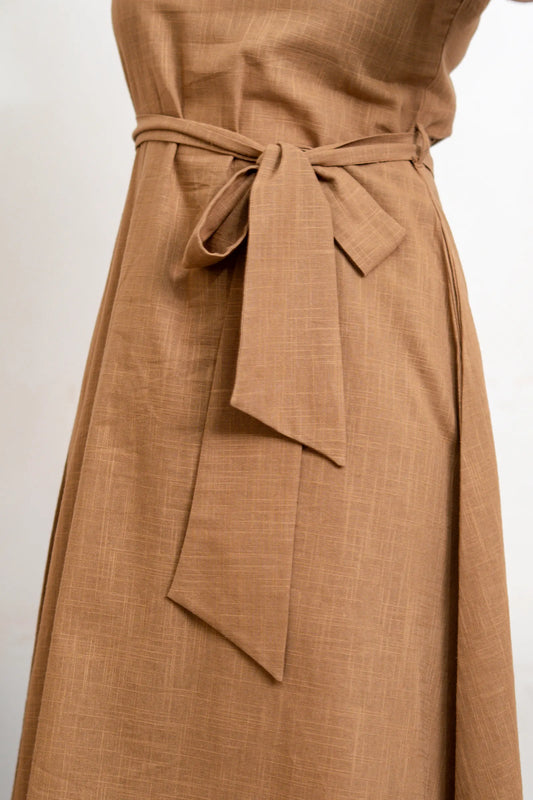 Sienna Mocha Brown Slub Cotton A Line Dress With Belt