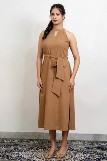 Sienna Mocha Brown Slub Cotton A Line Dress With Belt