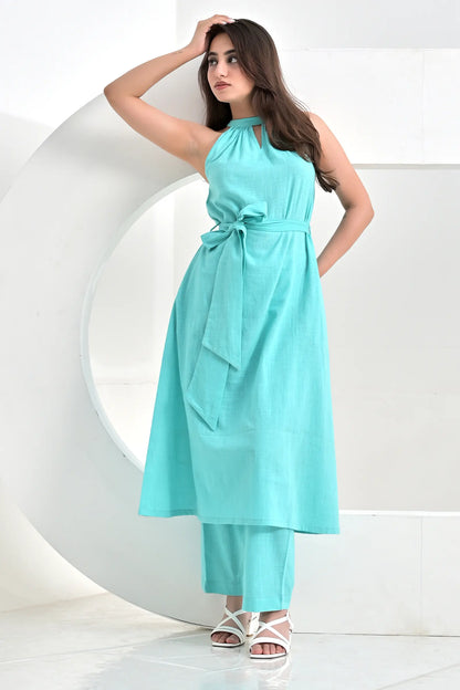 Sienna Aqua Slub Cotton Co-Ord Set With Belt