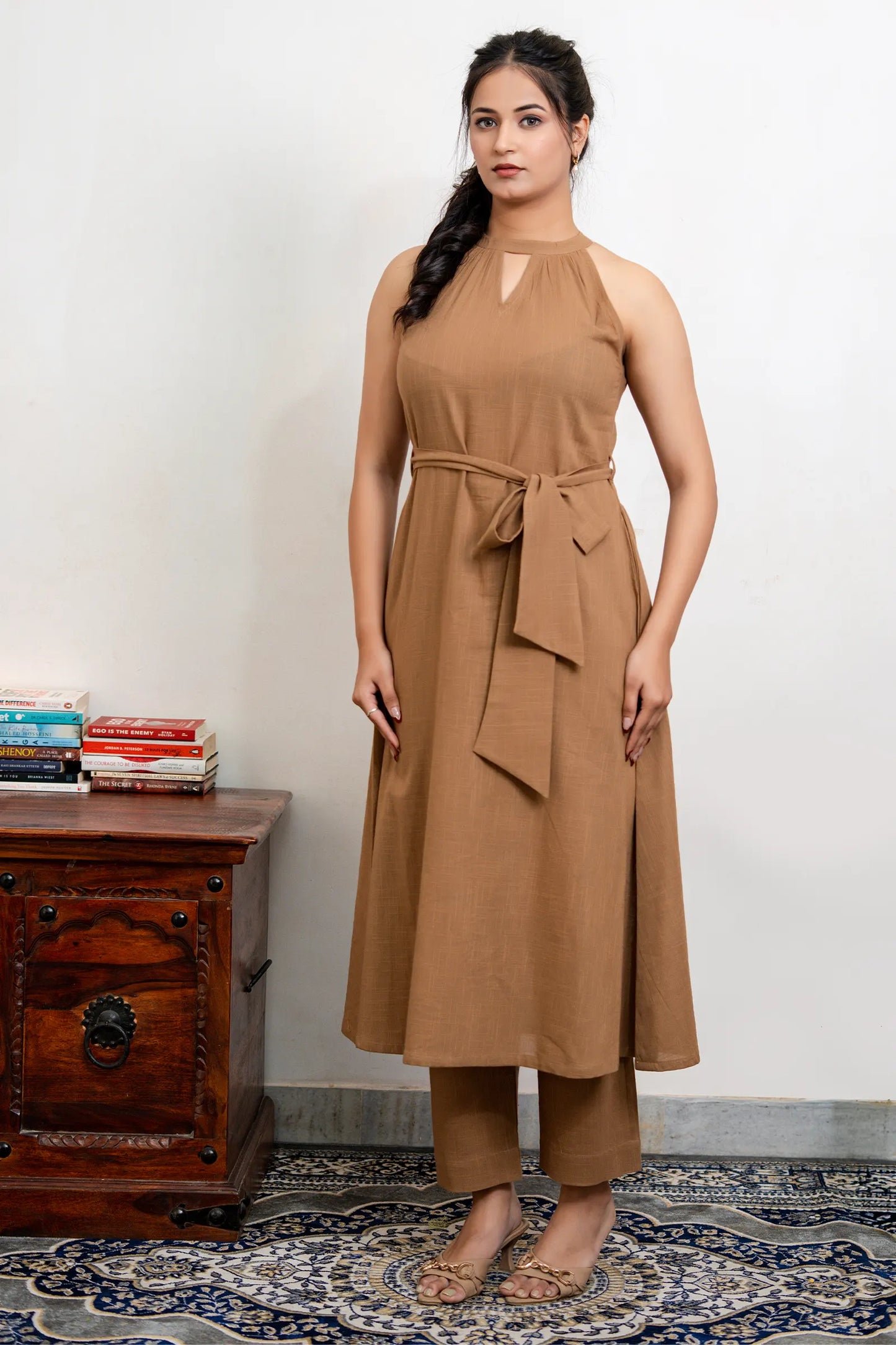 Sienna Mocha Brown Slub Cotton Co-Ord Set With Belt