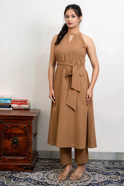 Sienna Mocha Brown Slub Cotton Co-Ord Set With Belt