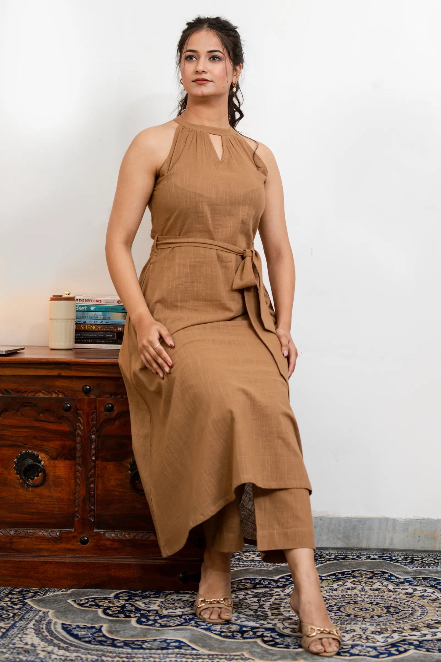 Sienna Mocha Brown Slub Cotton Co-Ord Set With Belt