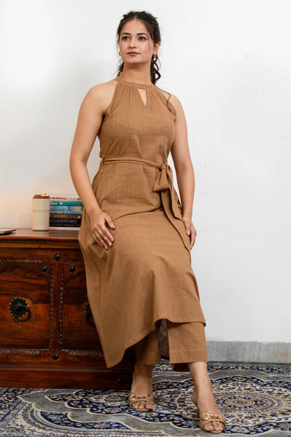 Sienna Mocha Brown Slub Cotton Co-Ord Set With Belt