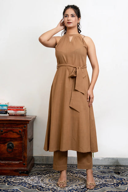 Sienna Mocha Brown Slub Cotton Co-Ord Set With Belt