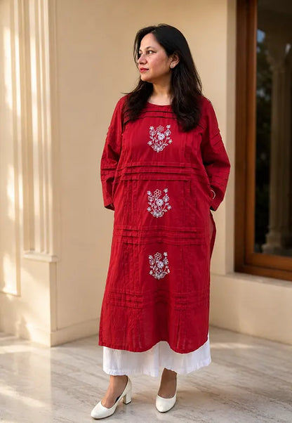 Kamini Red Hand Embroidered Kurta Set