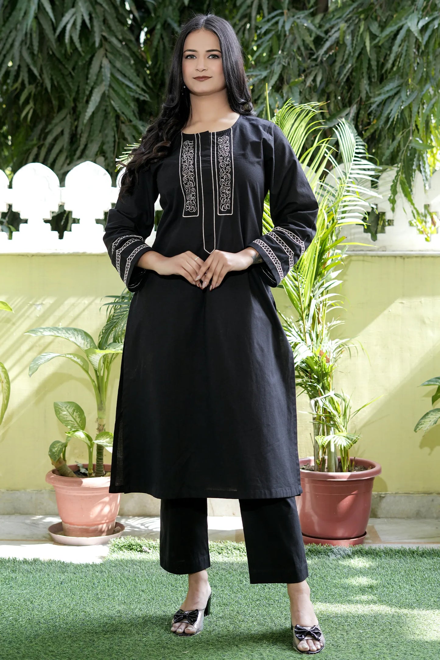 ZOYA Black Hand Embroidered Cotton Suit (Set of 3)