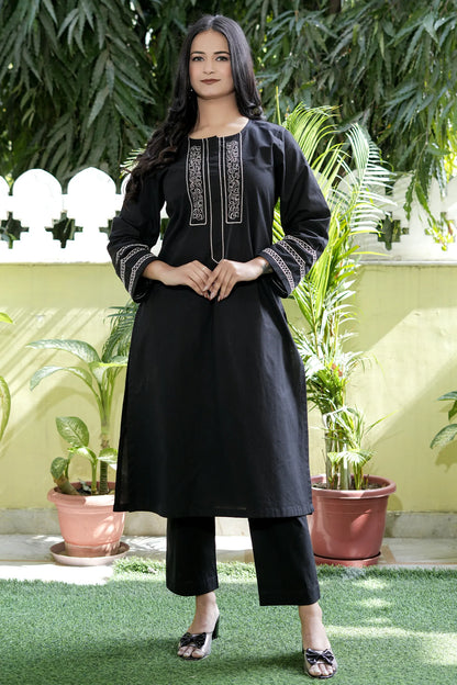 ZOYA Black Hand Embroidered Cotton Suit (Set of 3)