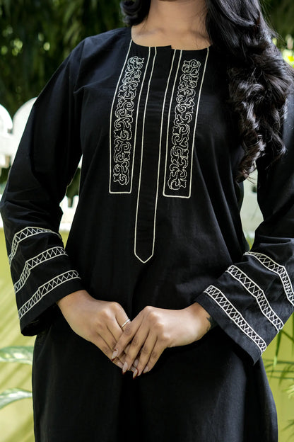 ZOYA Black Hand Embroidered Cotton Suit (Set of 3)
