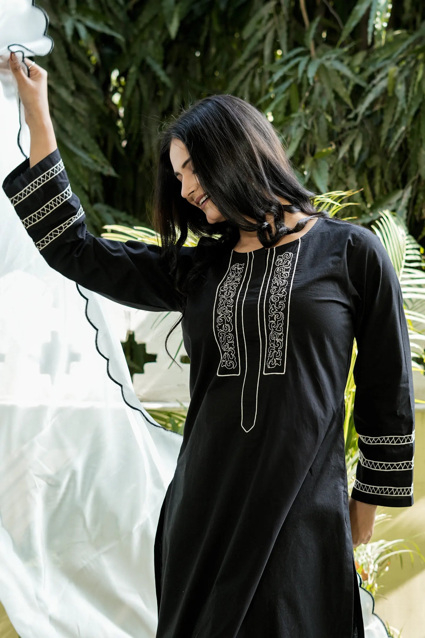 ZOYA Black Hand Embroidered Cotton Suit (Set of 3)