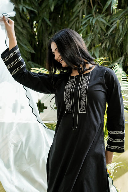 ZOYA Black Hand Embroidered Cotton Suit (Set of 3)