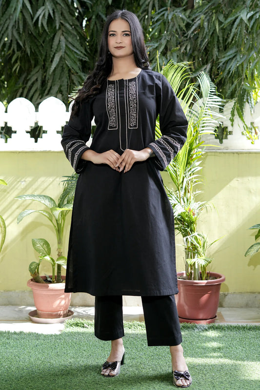 Zoya Black Hand Embroidered Cotton Kurta Set (Set Of 2)