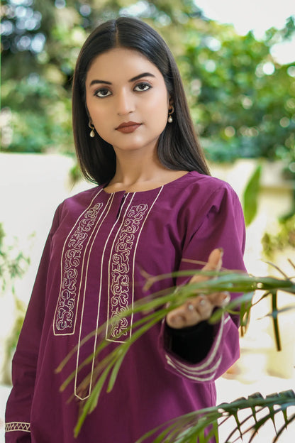 ZOYA Wine Hand Embroidered Cotton Suit (Set of 3)