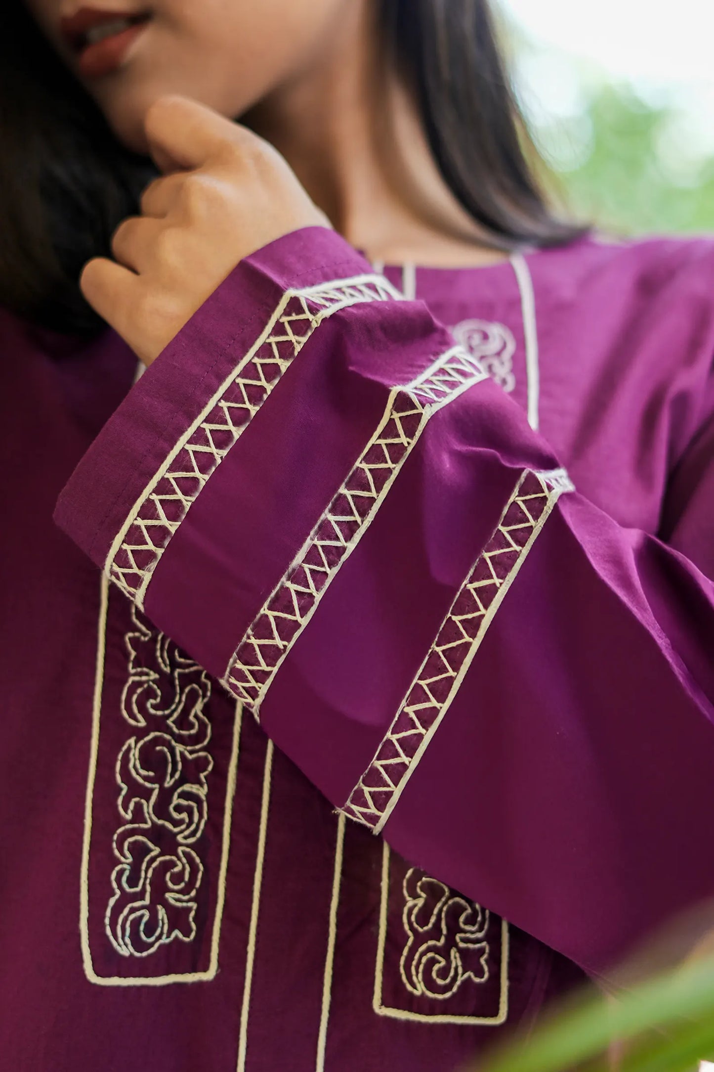 ZOYA Wine Hand Embroidered Cotton Suit (Set of 3)