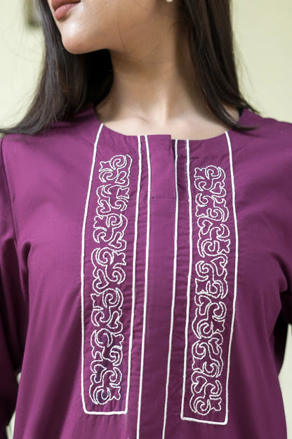 ZOYA Wine Hand Embroidered Cotton Suit (Set of 3)