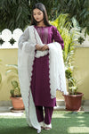 ZOYA Wine Hand Embroidered Cotton Suit (Set of 3)