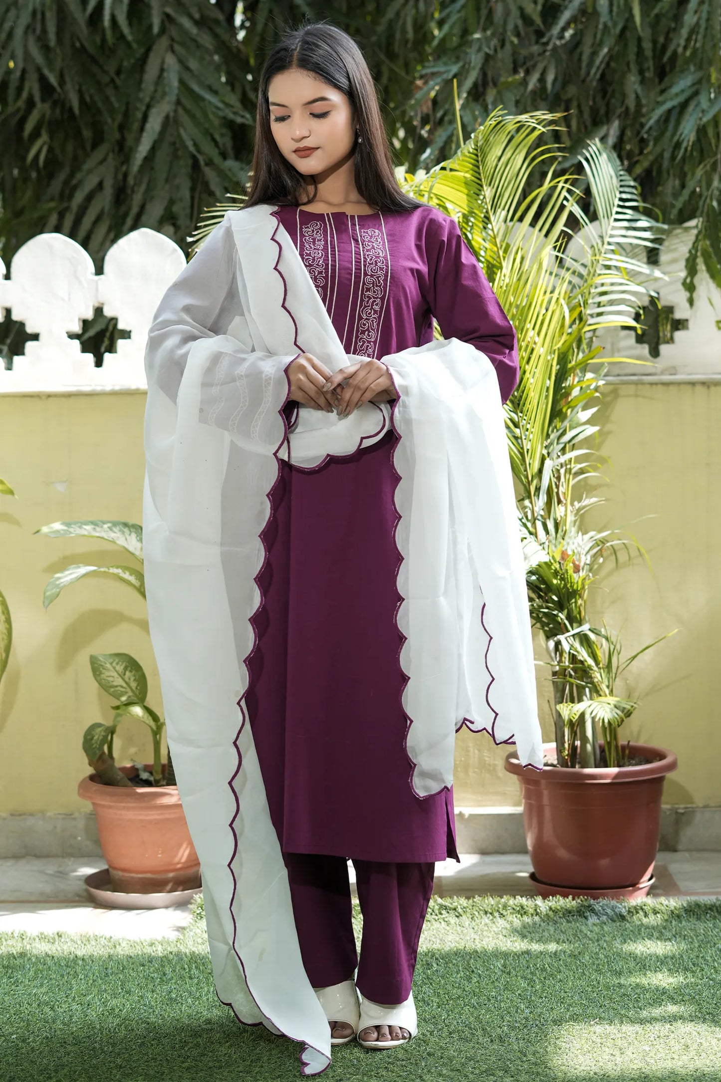 ZOYA Wine Hand Embroidered Cotton Suit (Set of 3)
